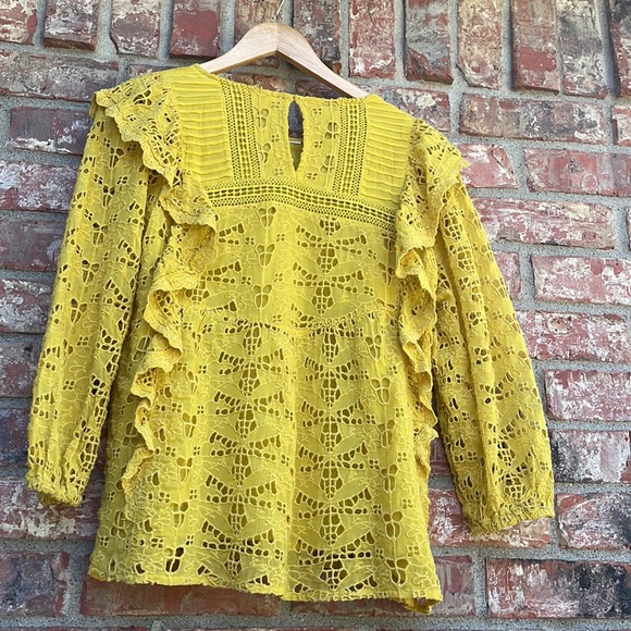Anthropologie Yellow Clemetine Eyelet Long Sleeve Lined Boho Top Womens Size 8 - Picture 2 of 14